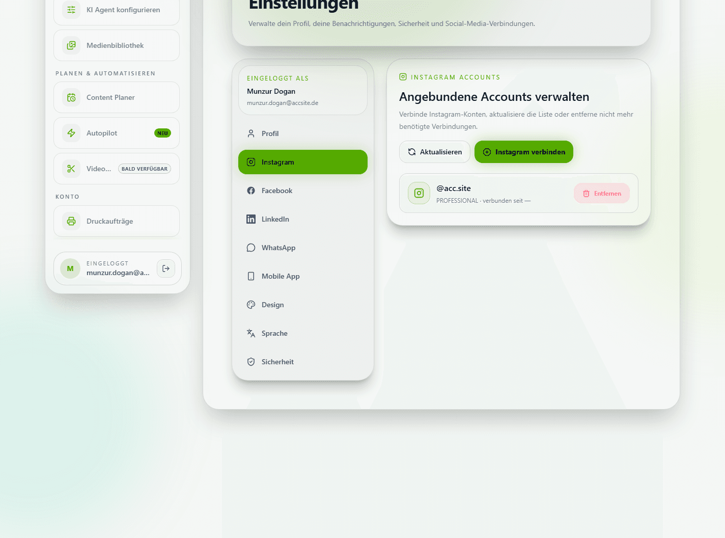 Einstellungen, Tab Instagram mit verbundenem Account