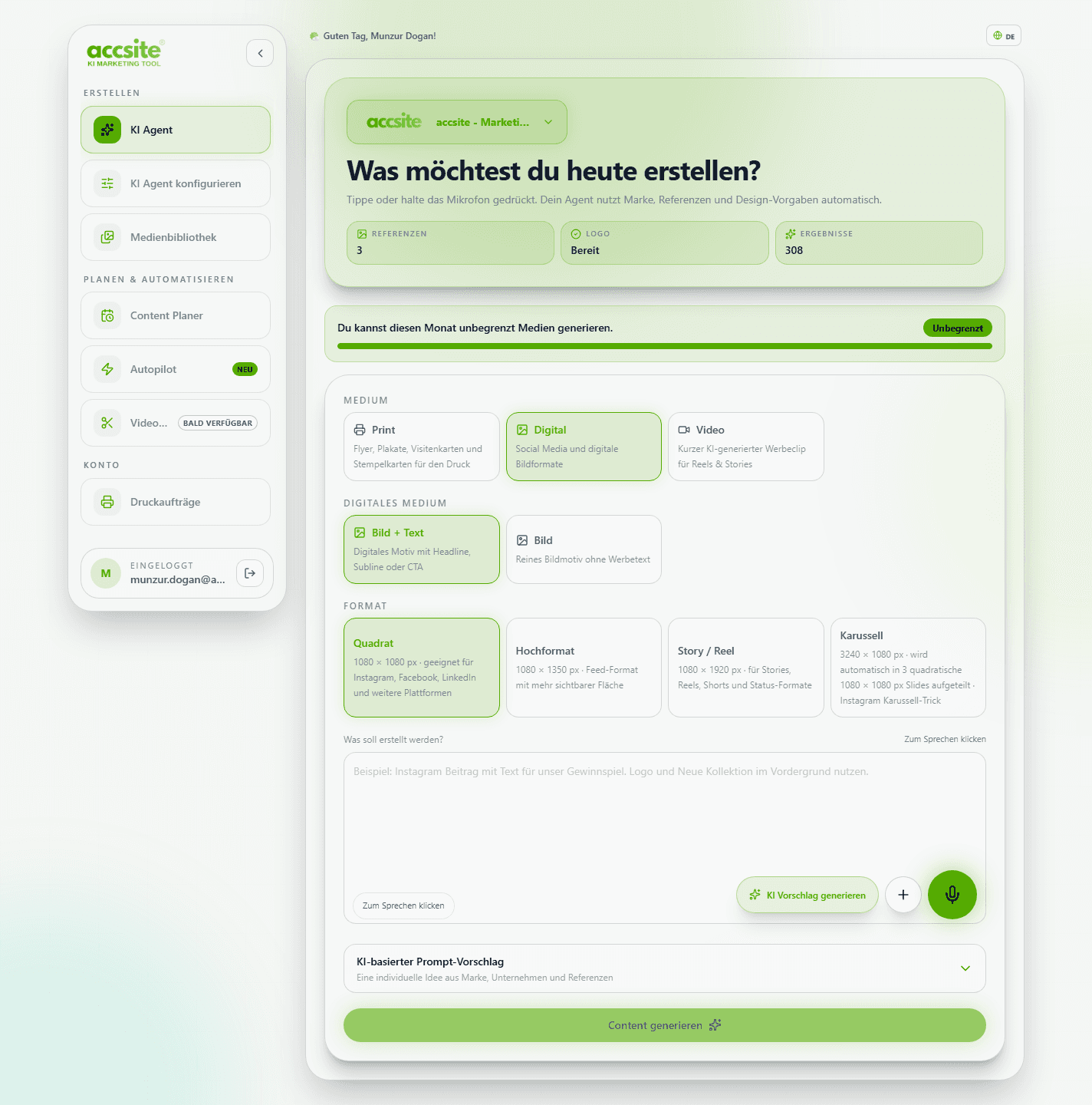 KI Agent Erstellen-Seite mit Medium-, Format- und Prompt-Auswahl