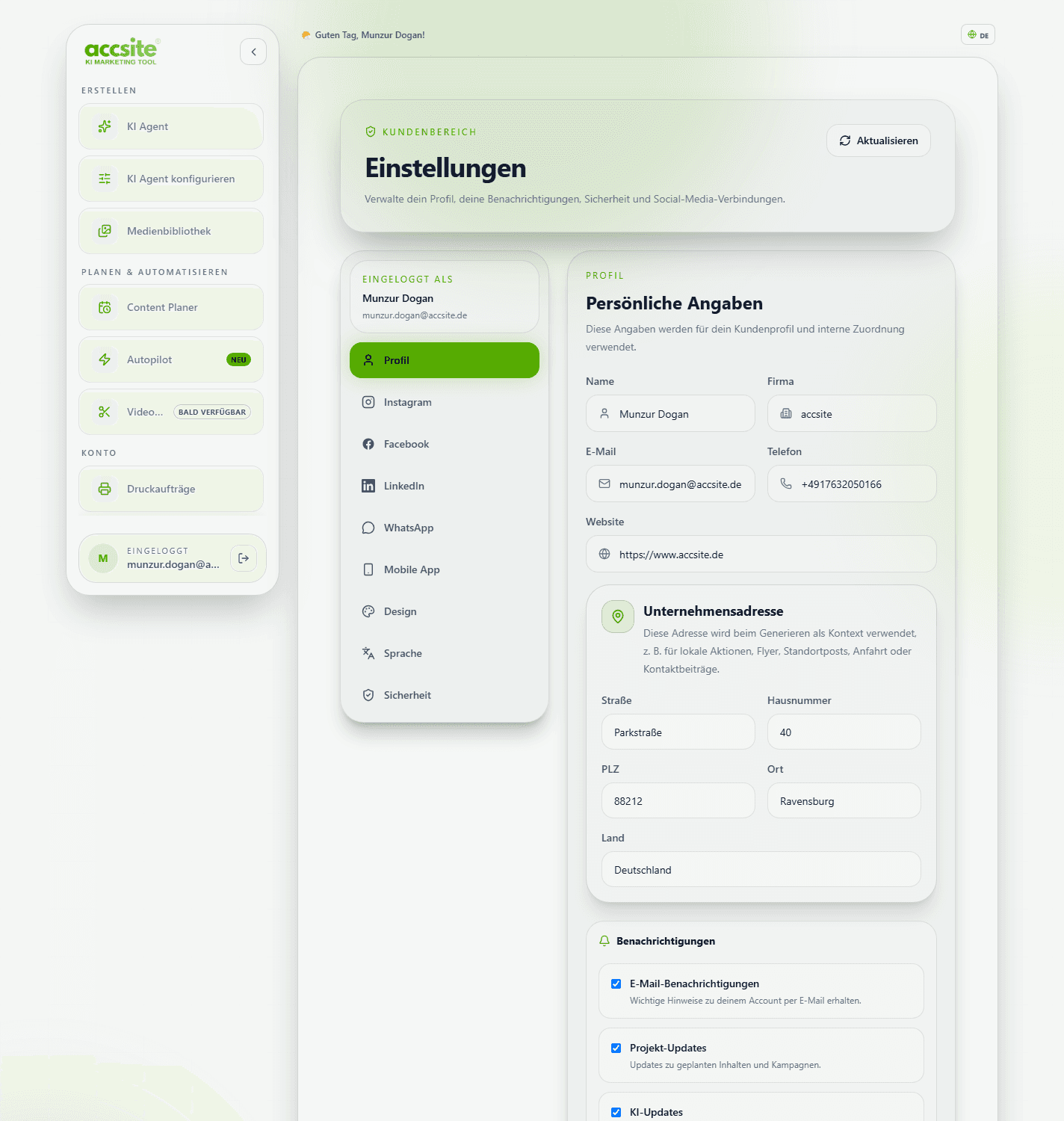 Einstellungen, Tab Profil