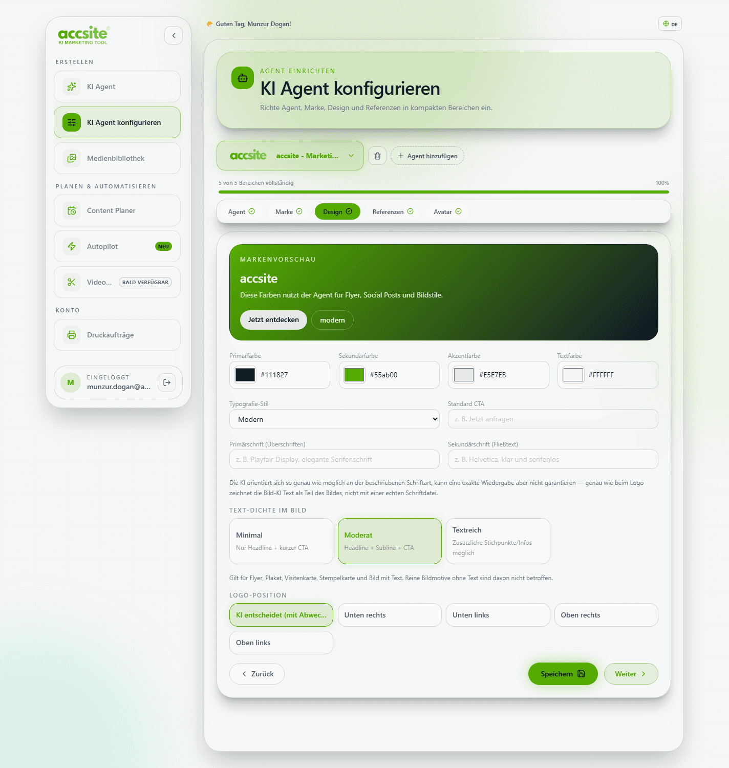 Tab Design mit Markenvorschau, Farbfeldern und Typografie-Stil