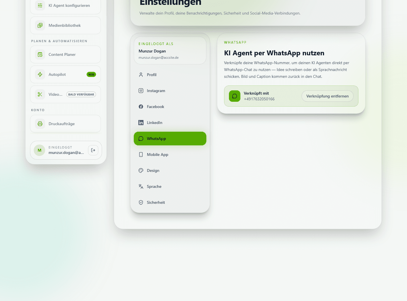 Einstellungen, Tab WhatsApp