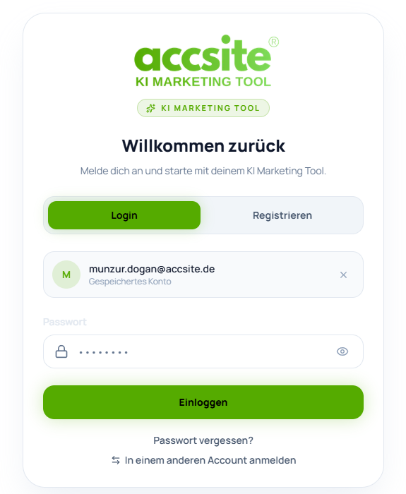 accsite Login-Seite mit E-Mail- und Passwort-Feld