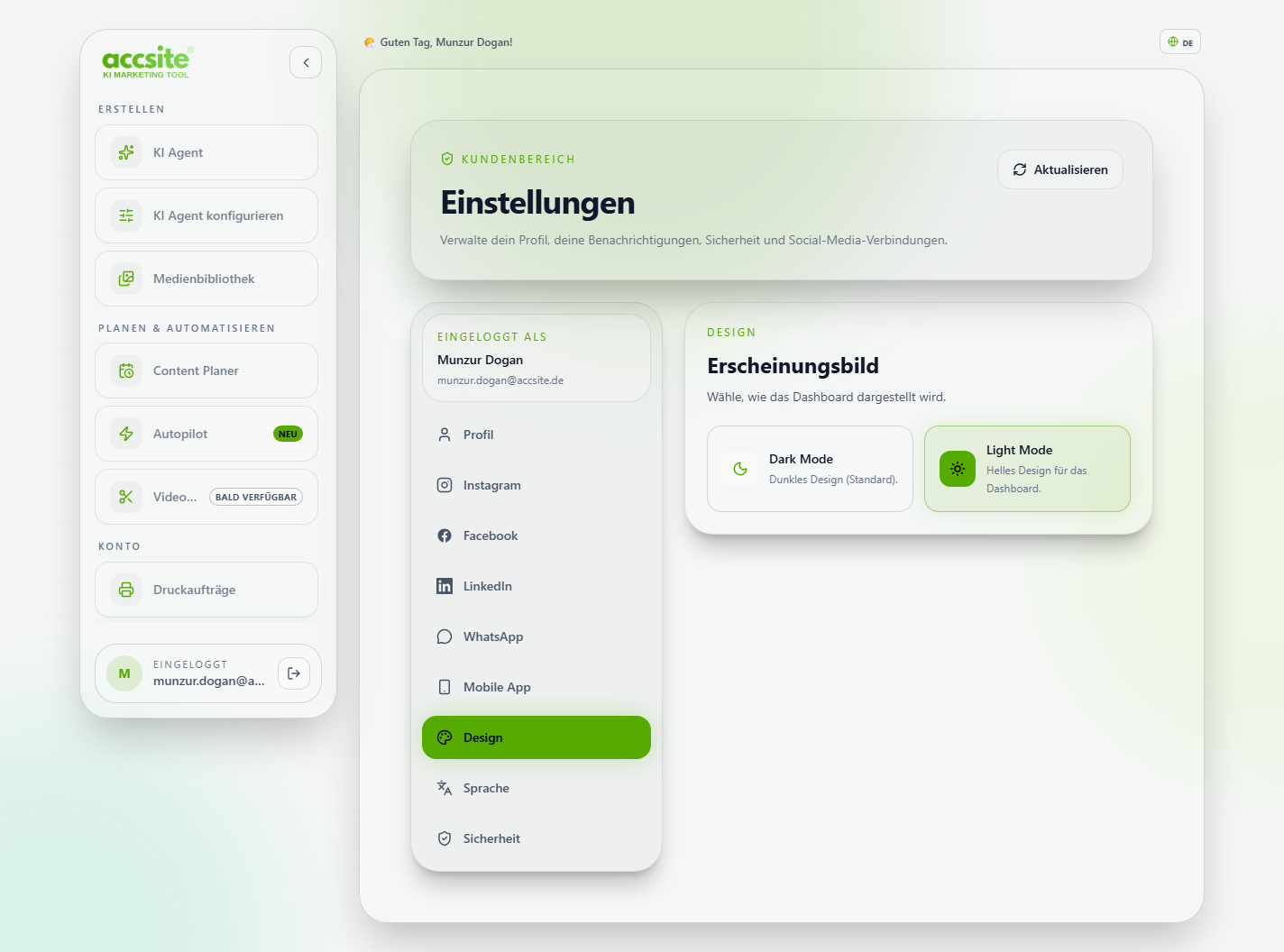 Einstellungen, Tab Design, mit Auswahl zwischen Dark Mode und Light Mode