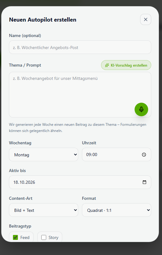 Autopilot-Formular mit Thema-Feld und Button KI-Vorschlag erstellen