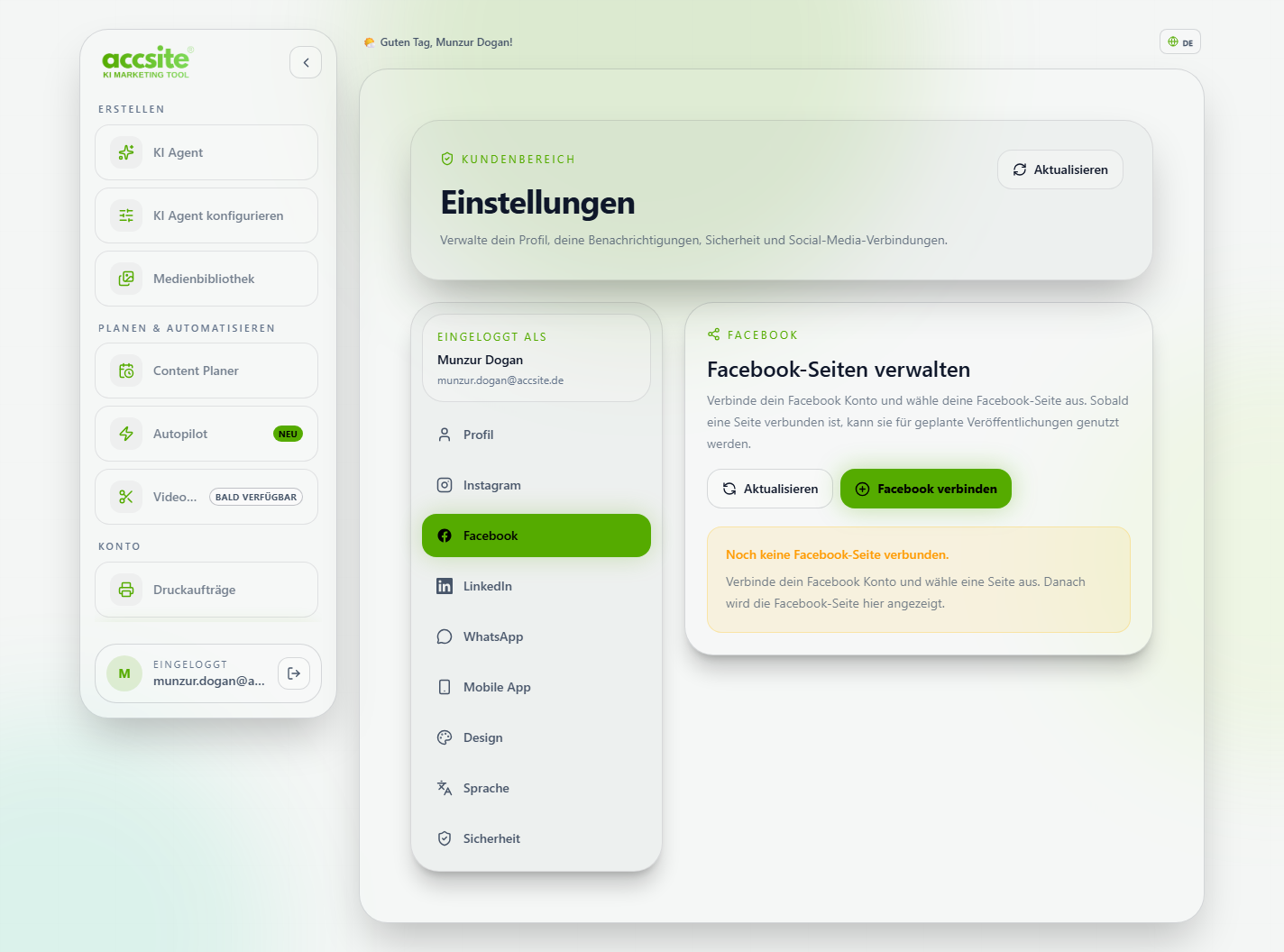Einstellungen, Tab Facebook, noch keine Facebook-Seite verbunden