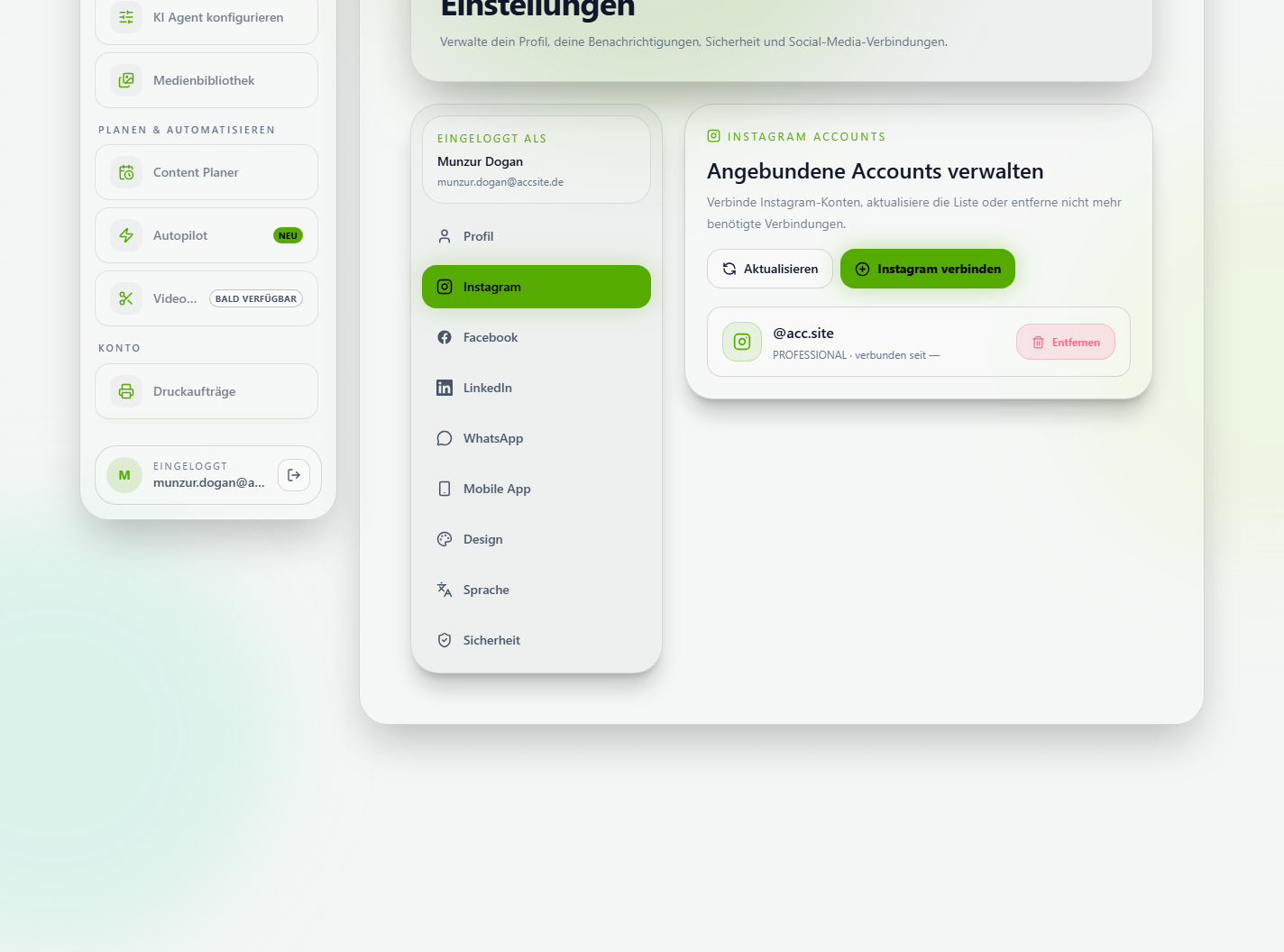 Einstellungen, Tab Instagram, mit verbundenem Instagram-Account @acc.site
