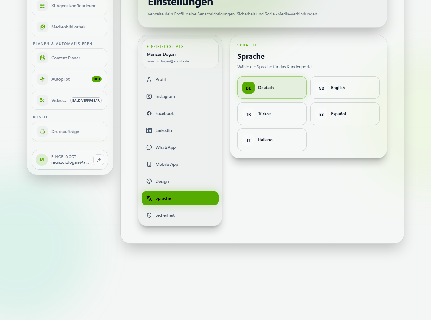 Einstellungen, Tab Sprache, mit Auswahl Deutsch, English, Türkçe, Español, Italiano