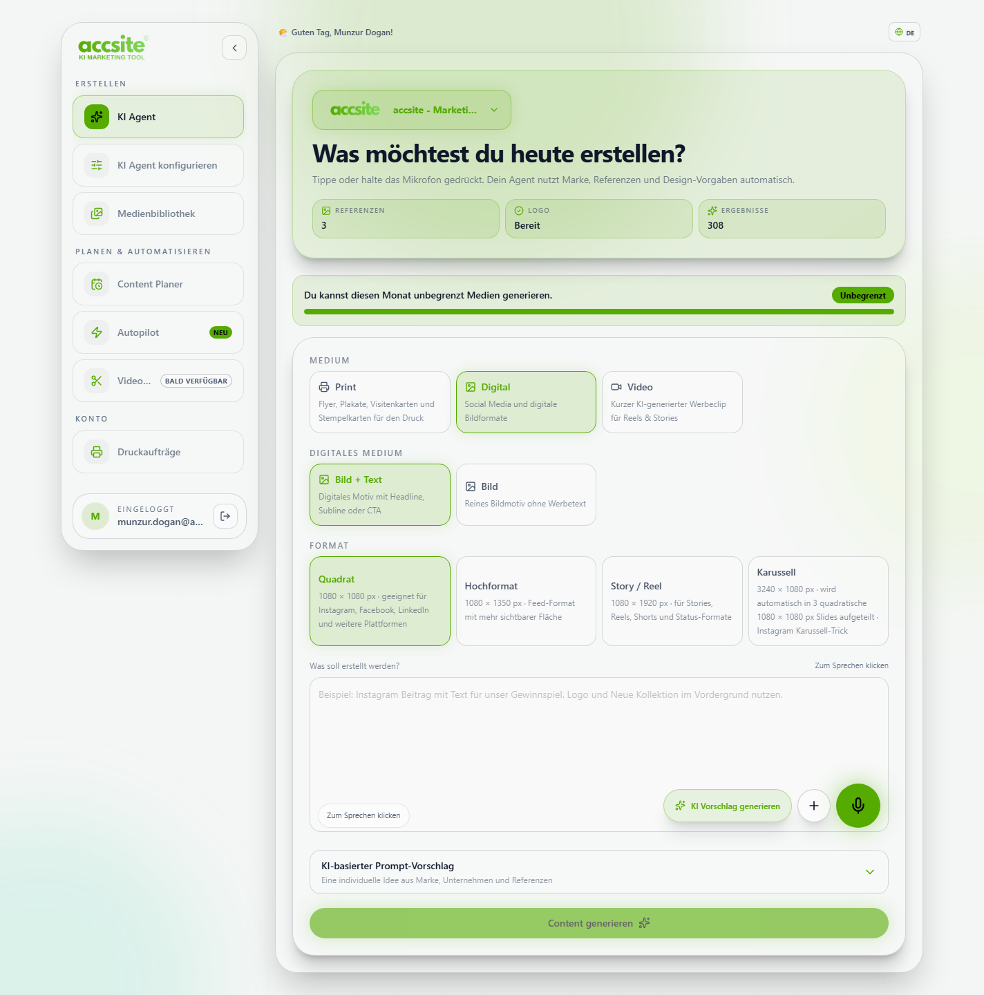 KI Agent Erstellen-Seite mit Medium-, Format- und Prompt-Auswahl, Agent Zeravel aktiv