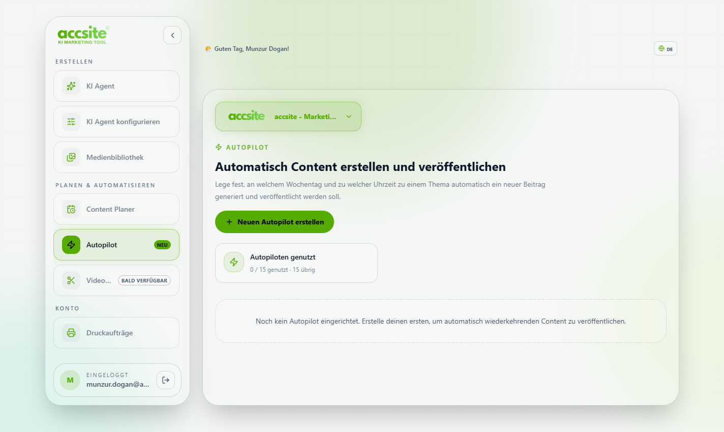 Autopilot-Übersichtsseite mit bestehenden aktiven Autopiloten und Button Neuen Autopilot erstellen