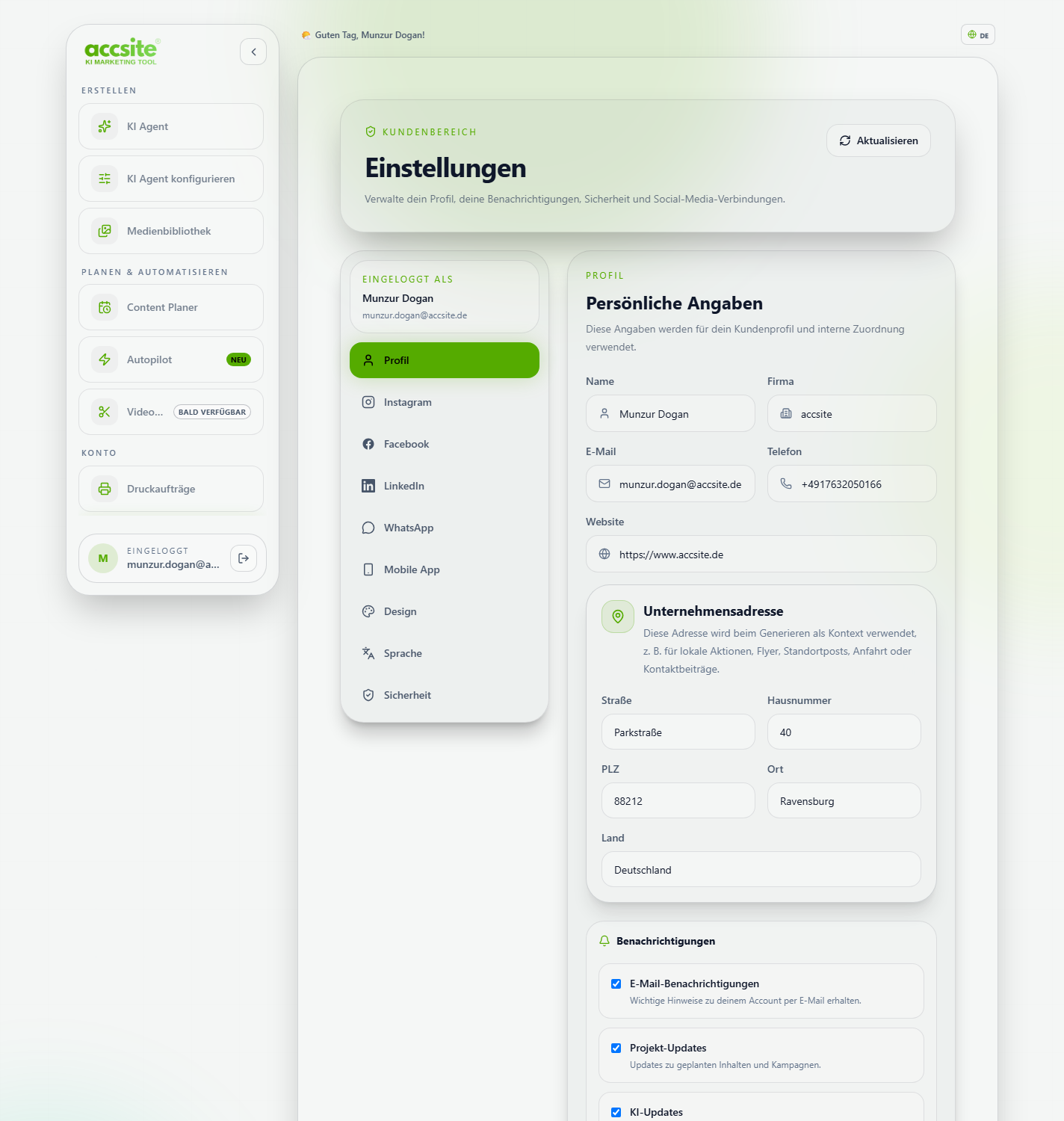 Einstellungen, Tab Profil, mit persönlichen Angaben, Unternehmensadresse und Benachrichtigungen