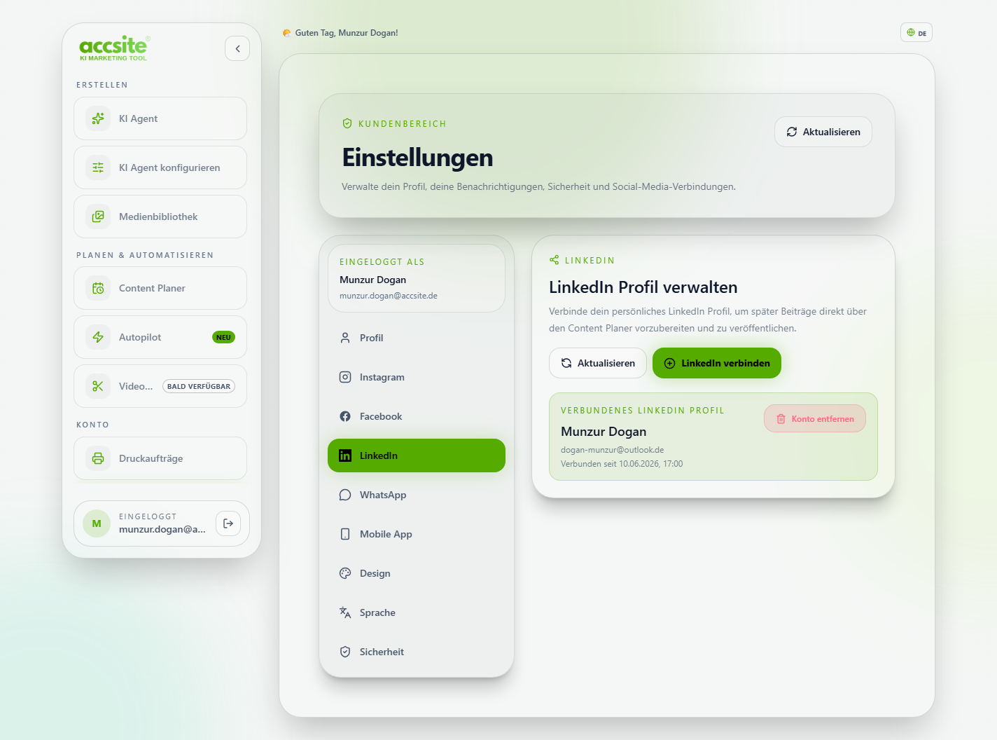 Einstellungen, Tab LinkedIn, mit verbundenem LinkedIn-Profil