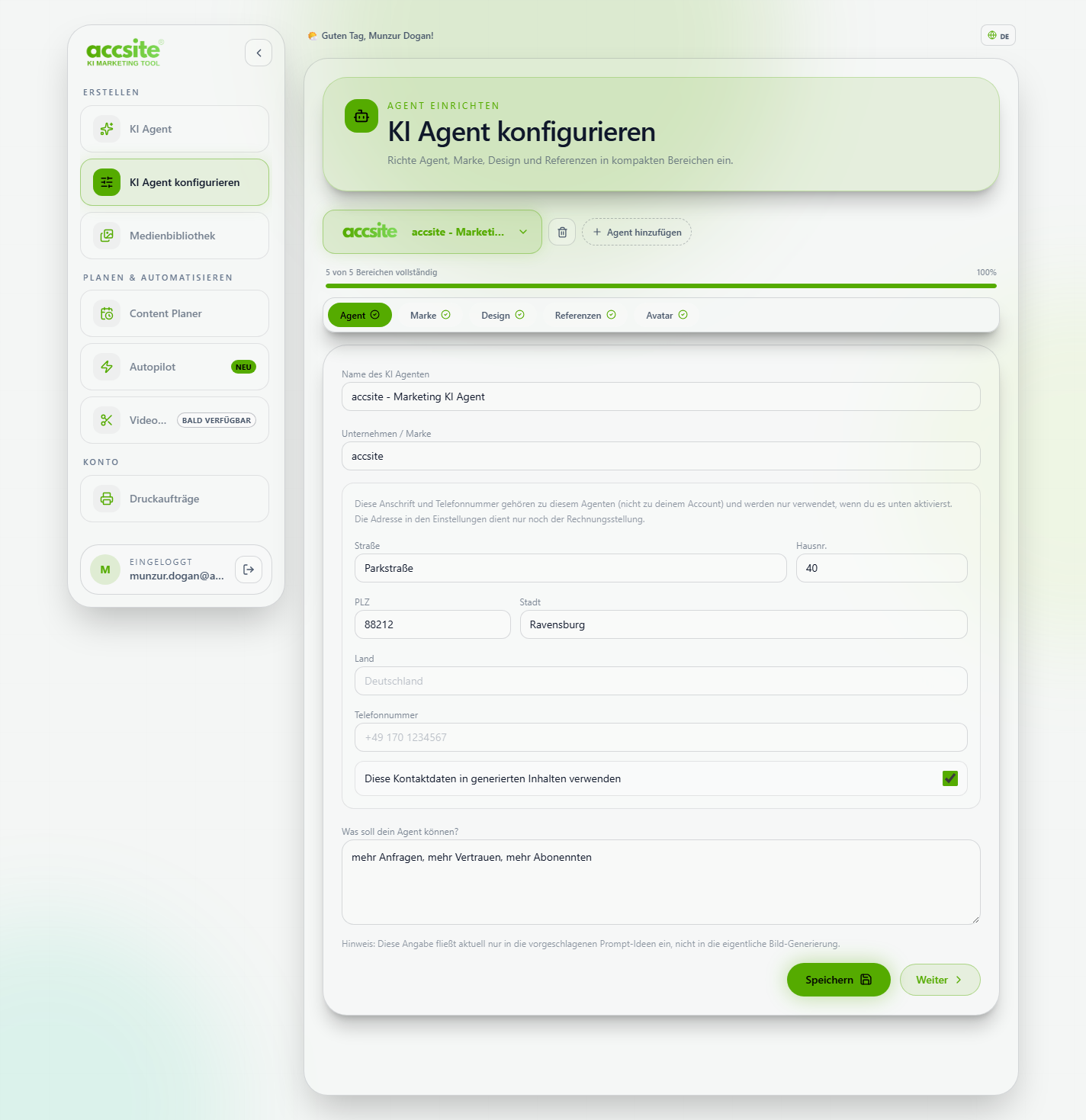Konfigurieren-Seite, Tab Agent, mit Namen, Anschrift und Telefonnummer für Zeravel
