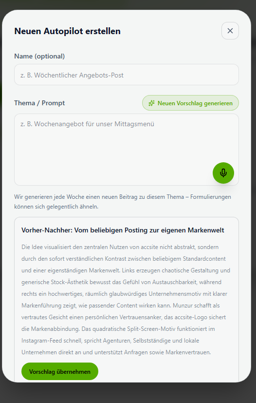 Generierter KI-Vorschlag mit Titel, Begründung und Button Vorschlag übernehmen