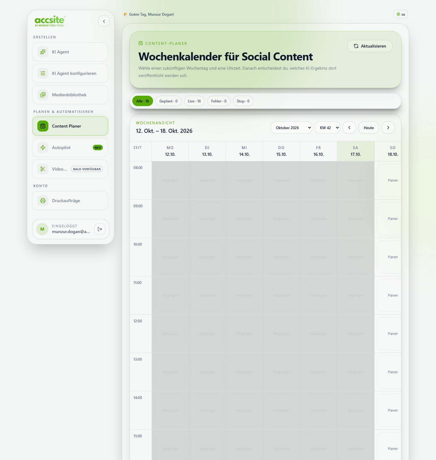 Content-Planer Wochenansicht mit Kalender und bereits geplanten Beiträgen