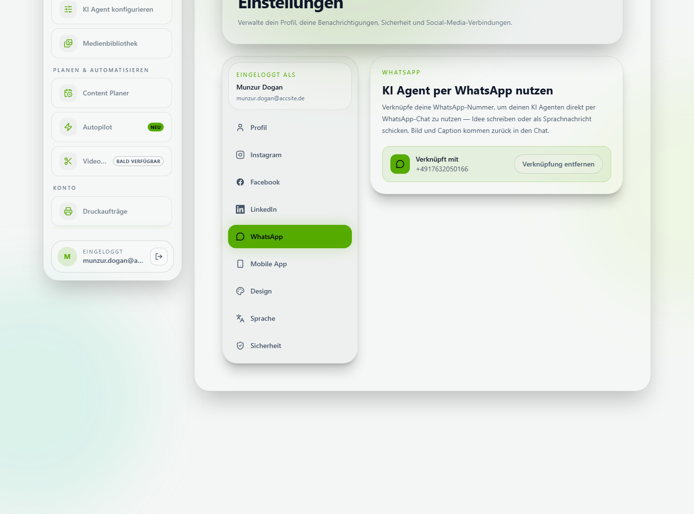 Einstellungen, Tab WhatsApp, mit Eingabefeld für die Nummer und Button Code anfordern